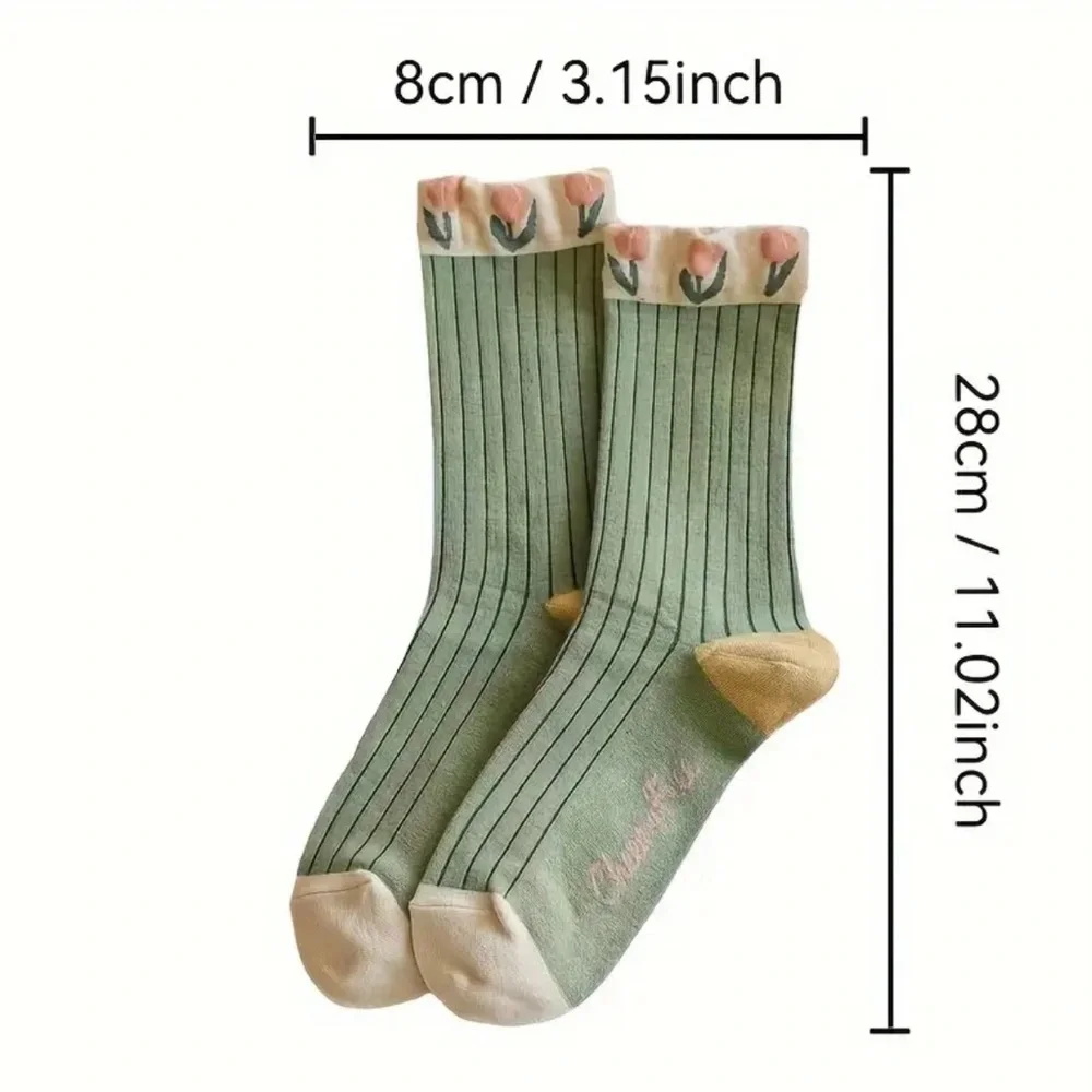 Women Socks & Hosiery 4 Pairs Floral Tulips Embroidered Mid Tube Sock Cozy